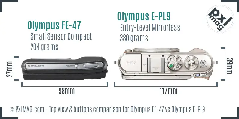 Olympus FE-47 vs Olympus E-PL9 top view buttons comparison