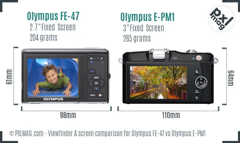Olympus FE-47 vs Olympus E-PM1 Screen and Viewfinder comparison