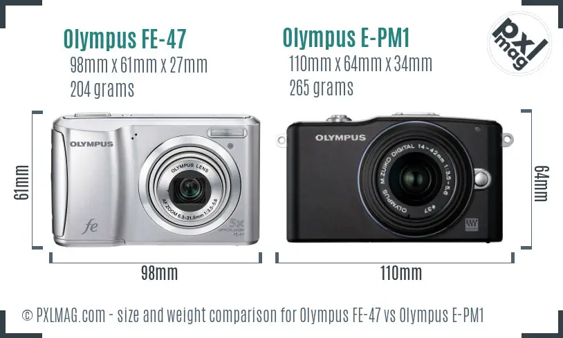 Olympus FE-47 vs Olympus E-PM1 size comparison