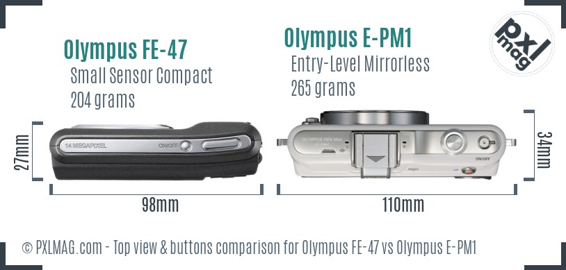 Olympus FE-47 vs Olympus E-PM1 top view buttons comparison