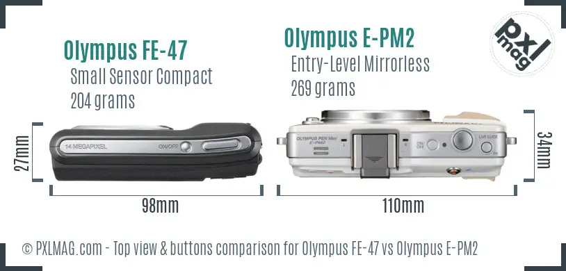 Olympus FE-47 vs Olympus E-PM2 top view buttons comparison