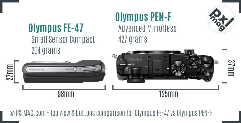 Olympus FE-47 vs Olympus PEN-F top view buttons comparison