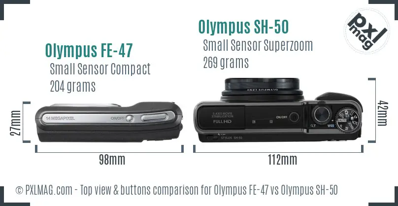Olympus FE-47 vs Olympus SH-50 top view buttons comparison