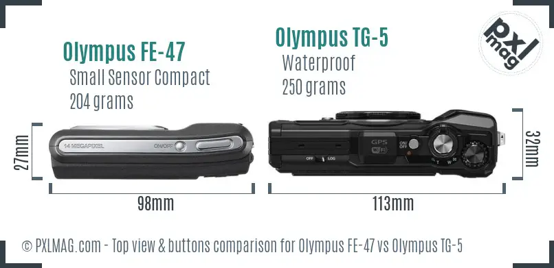 Olympus FE-47 vs Olympus TG-5 top view buttons comparison