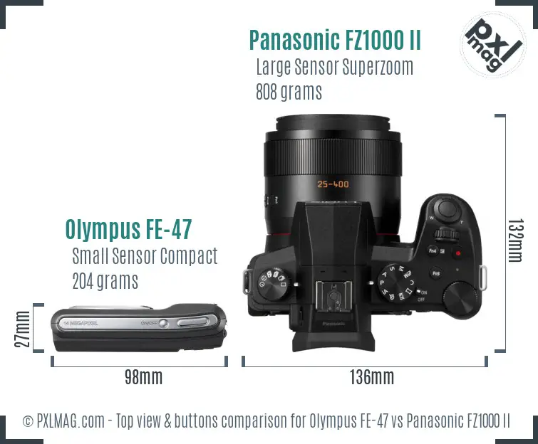 Olympus FE-47 vs Panasonic FZ1000 II top view buttons comparison