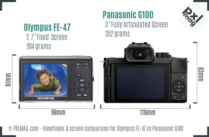 Olympus FE-47 vs Panasonic G100 Screen and Viewfinder comparison