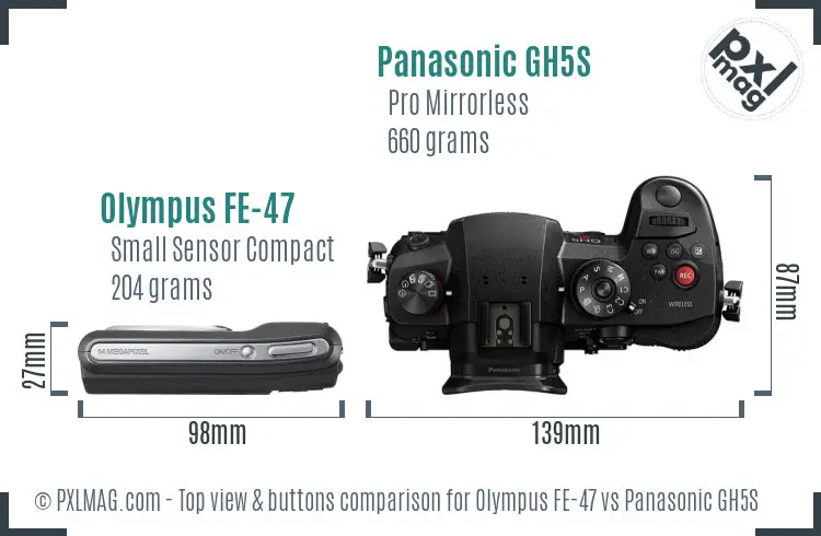 Olympus FE-47 vs Panasonic GH5S top view buttons comparison