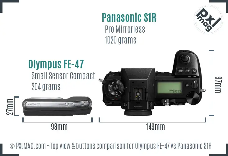 Olympus FE-47 vs Panasonic S1R top view buttons comparison