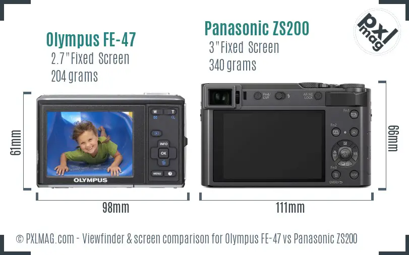 Olympus FE-47 vs Panasonic ZS200 Screen and Viewfinder comparison