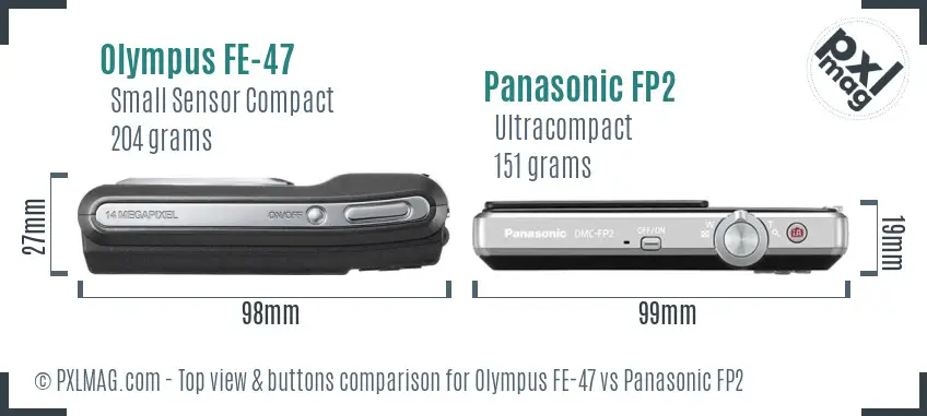 Olympus FE-47 vs Panasonic FP2 top view buttons comparison