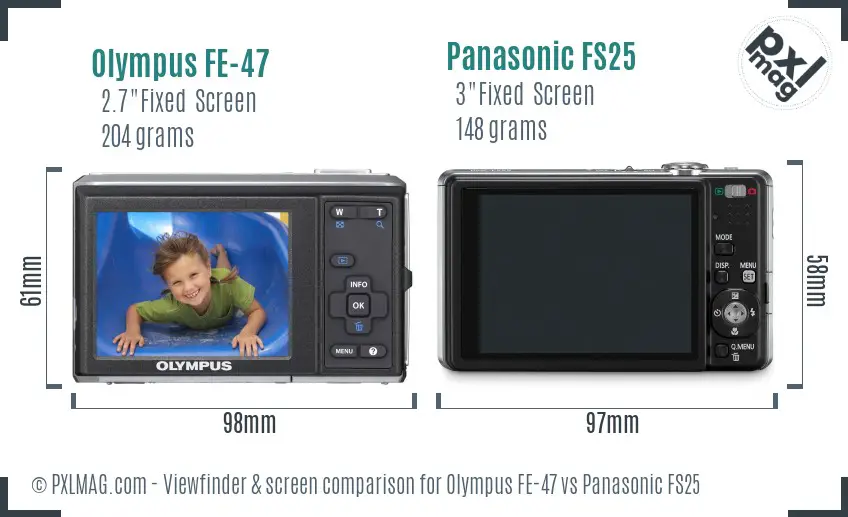Olympus FE-47 vs Panasonic FS25 Screen and Viewfinder comparison