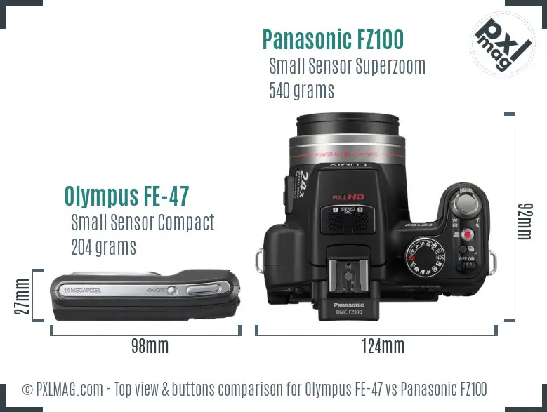 Olympus FE-47 vs Panasonic FZ100 top view buttons comparison Olympus FE-47 vs Panasonic FZ100 top view buttons comparison