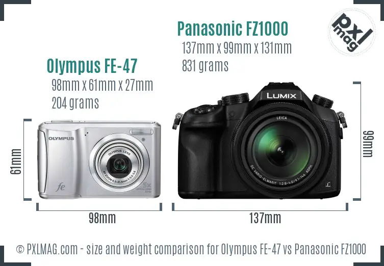 Olympus FE-47 vs Panasonic FZ1000 size comparison