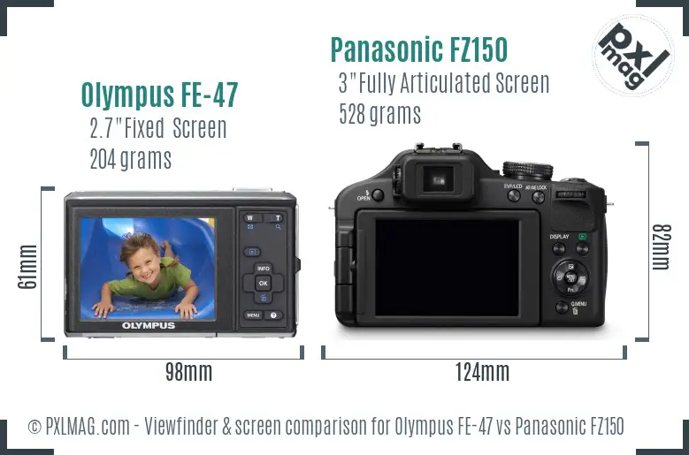 Olympus FE-47 vs Panasonic FZ150 Screen and Viewfinder comparison