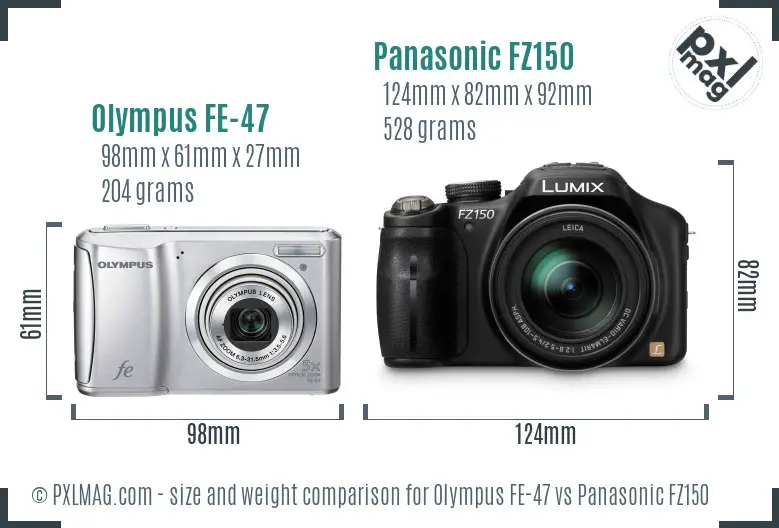 Olympus FE-47 vs Panasonic FZ150 size comparison
