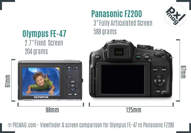 Olympus FE-47 vs Panasonic FZ200 Screen and Viewfinder comparison