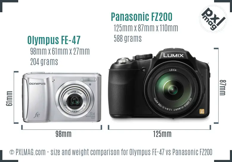 Olympus FE-47 vs Panasonic FZ200 size comparison