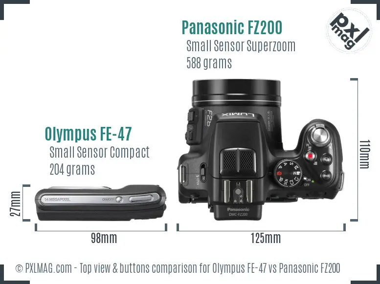 Olympus FE-47 vs Panasonic FZ200 top view buttons comparison