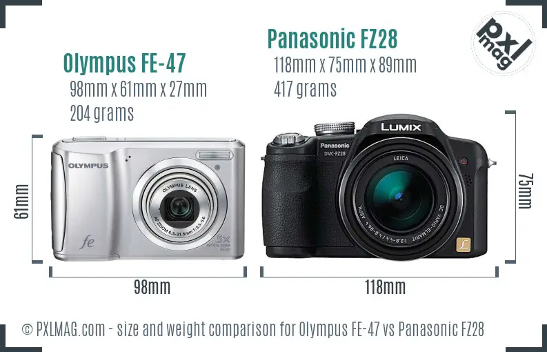 Olympus FE-47 vs Panasonic FZ28 size comparison