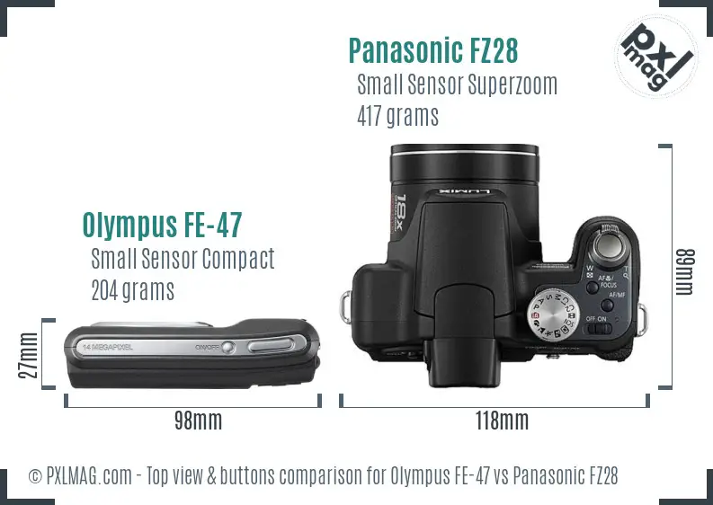 Olympus FE-47 vs Panasonic FZ28 top view buttons comparison