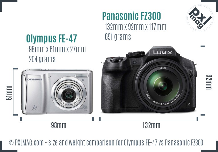 Olympus FE-47 vs Panasonic FZ300 size comparison