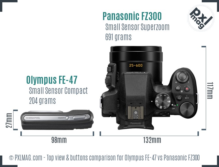 Olympus FE-47 vs Panasonic FZ300 top view buttons comparison