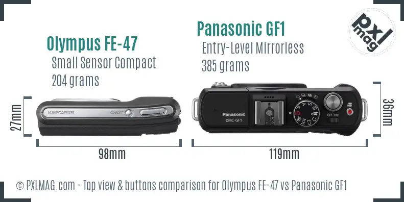 Olympus FE-47 vs Panasonic GF1 top view buttons comparison