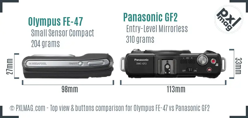 Olympus FE-47 vs Panasonic GF2 top view buttons comparison
