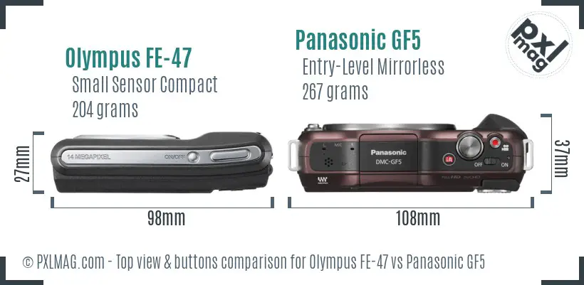 Olympus FE-47 vs Panasonic GF5 top view buttons comparison