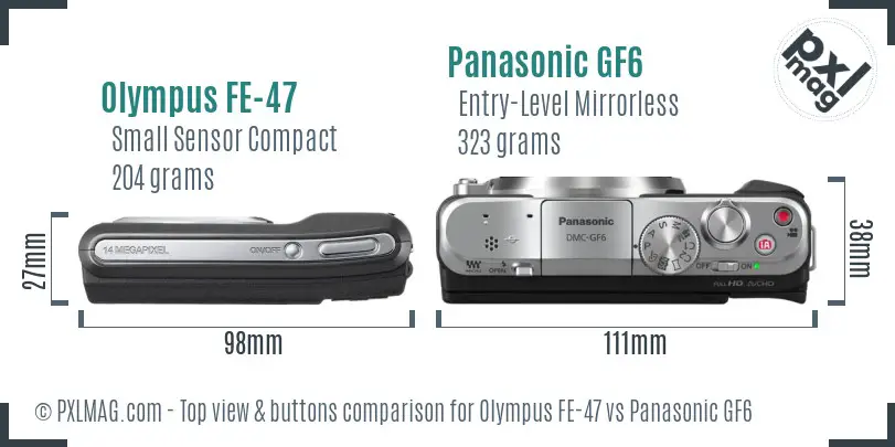 Olympus FE-47 vs Panasonic GF6 top view buttons comparison