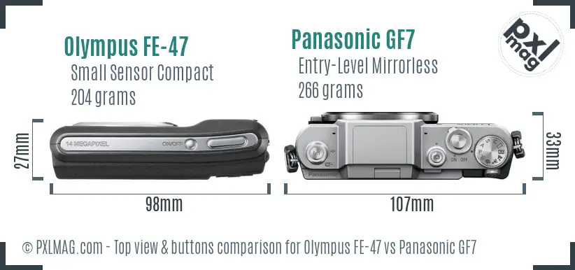 Olympus FE-47 vs Panasonic GF7 top view buttons comparison