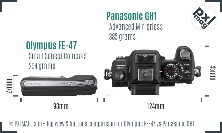 Olympus FE-47 vs Panasonic GH1 top view buttons comparison