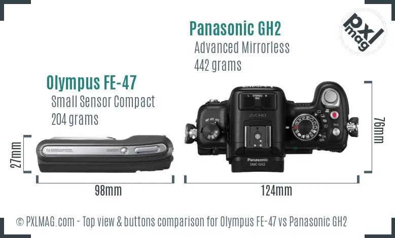 Olympus FE-47 vs Panasonic GH2 top view buttons comparison