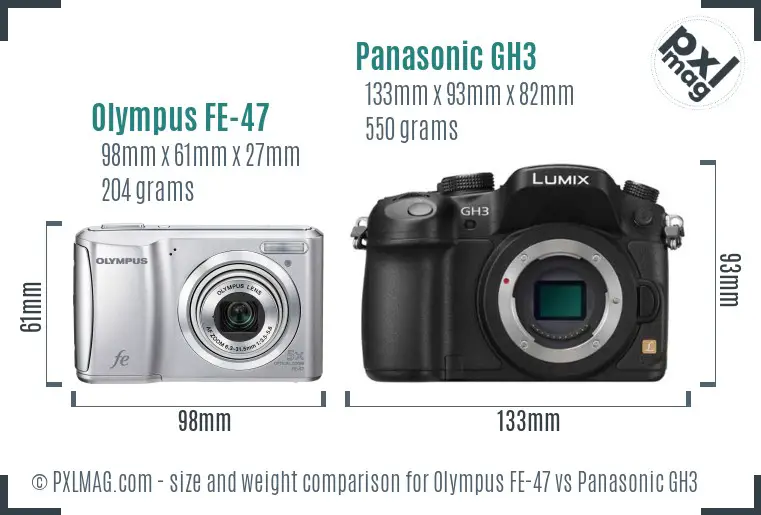 Olympus FE-47 vs Panasonic GH3 size comparison