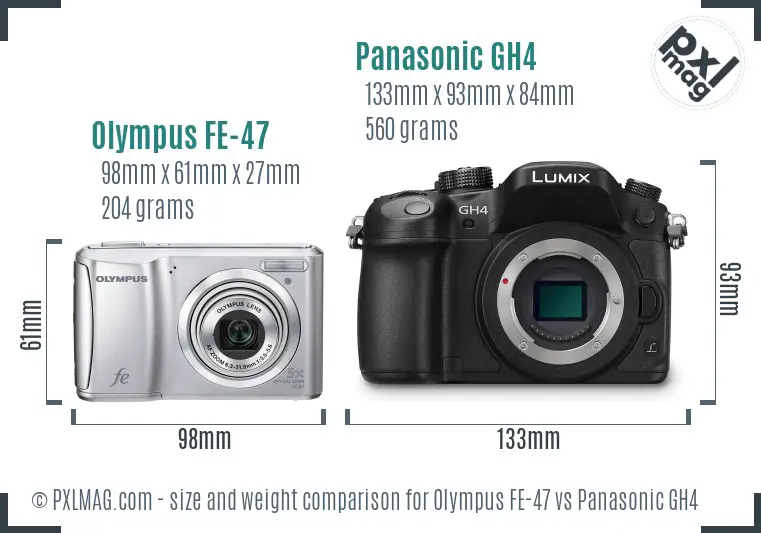 Olympus FE-47 vs Panasonic GH4 size comparison