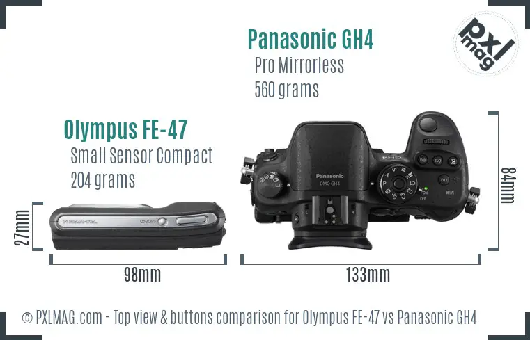 Olympus FE-47 vs Panasonic GH4 top view buttons comparison