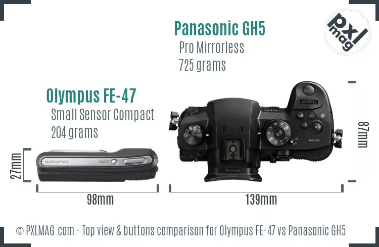 Olympus FE-47 vs Panasonic GH5 top view buttons comparison Olympus FE-47 vs Panasonic GH5 top view buttons comparison