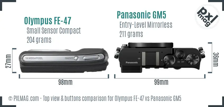 Olympus FE-47 vs Panasonic GM5 top view buttons comparison Olympus FE-47 vs Panasonic GM5 top view buttons comparison