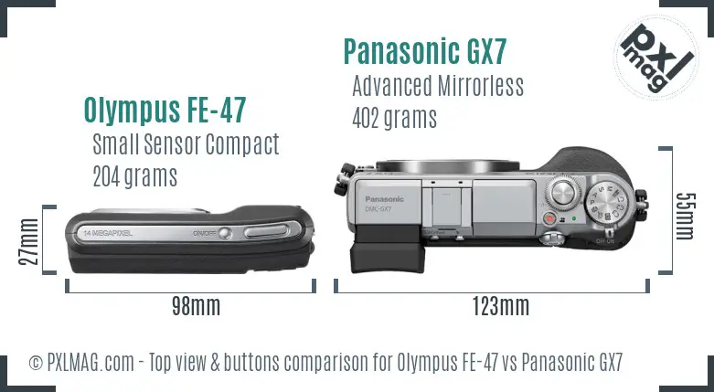 Olympus FE-47 vs Panasonic GX7 top view buttons comparison