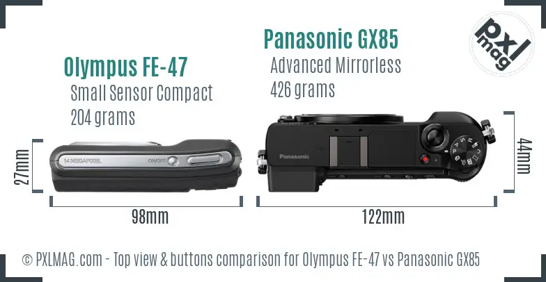 Olympus FE-47 vs Panasonic GX85 top view buttons comparison