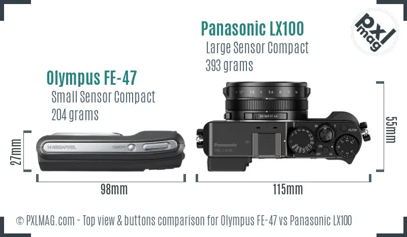 Olympus FE-47 vs Panasonic LX100 top view buttons comparison