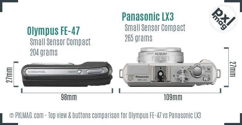 Olympus FE-47 vs Panasonic LX3 top view buttons comparison