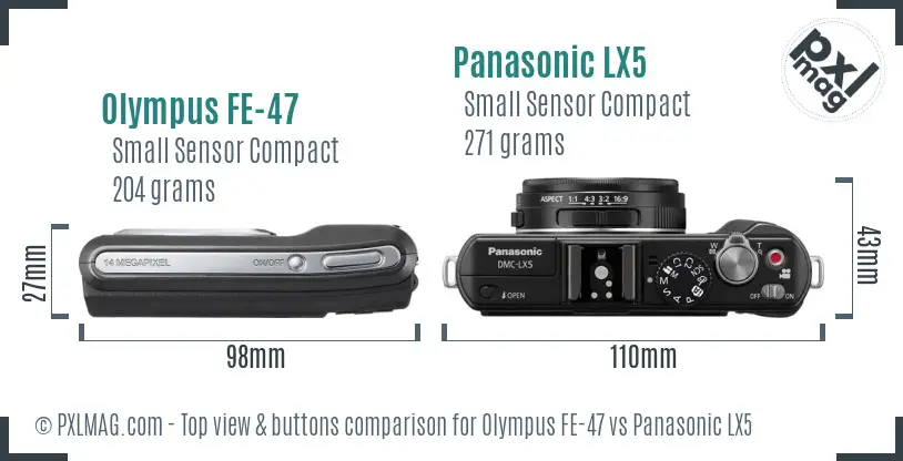 Olympus FE-47 vs Panasonic LX5 top view buttons comparison