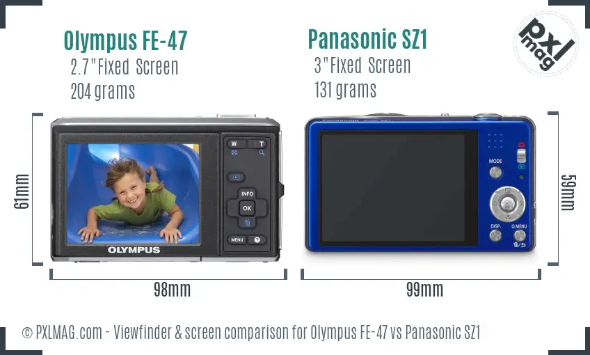 Olympus FE-47 vs Panasonic SZ1 Screen and Viewfinder comparison