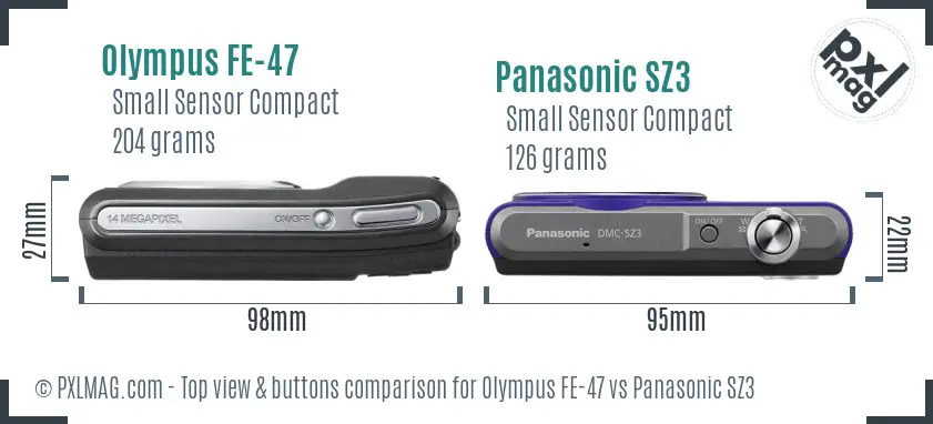 Olympus FE-47 vs Panasonic SZ3 top view buttons comparison