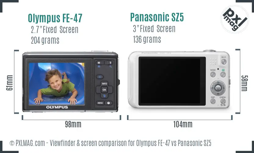 Olympus FE-47 vs Panasonic SZ5 Screen and Viewfinder comparison