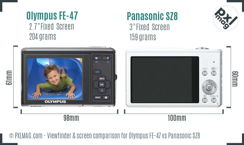 Olympus FE-47 vs Panasonic SZ8 Screen and Viewfinder comparison