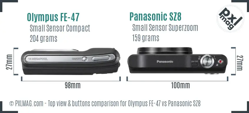 Olympus FE-47 vs Panasonic SZ8 top view buttons comparison