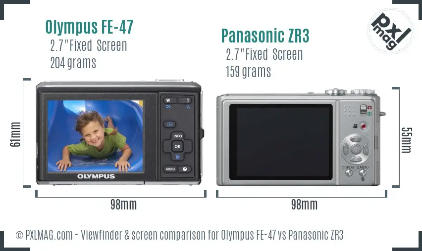 Olympus FE-47 vs Panasonic ZR3 Screen and Viewfinder comparison