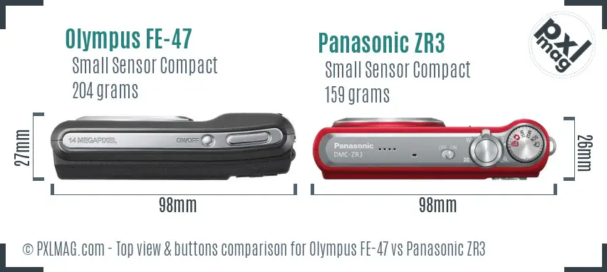Olympus FE-47 vs Panasonic ZR3 top view buttons comparison